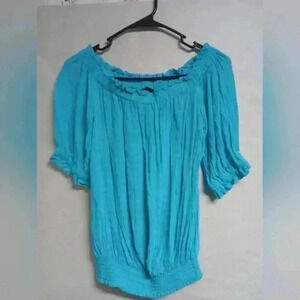 Ann Taylor Factory Peasant Blouse Blue Cinched Waist Sz S Preppy Baby Shower